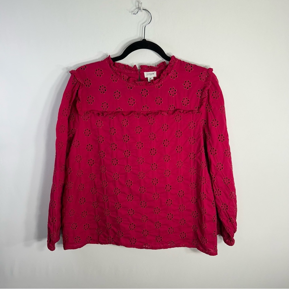 J Crew Smocked Eyelet Embroidered Peasant Cottagecore Coquette Romantic Top Sz M